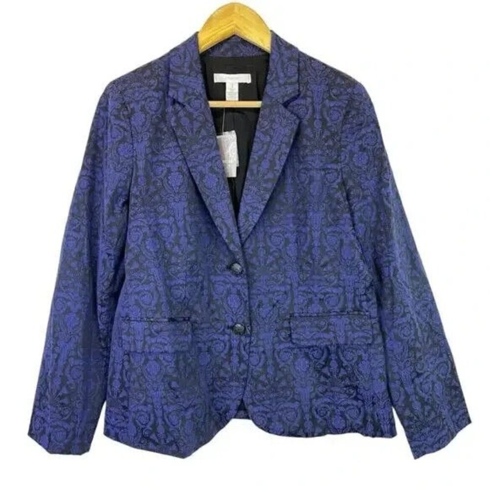 Chico's Blazer Jacket Womens 1 Medium Blue Floral‎ Jacquard Brocade Career NEW